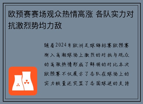 欧预赛赛场观众热情高涨 各队实力对抗激烈势均力敌