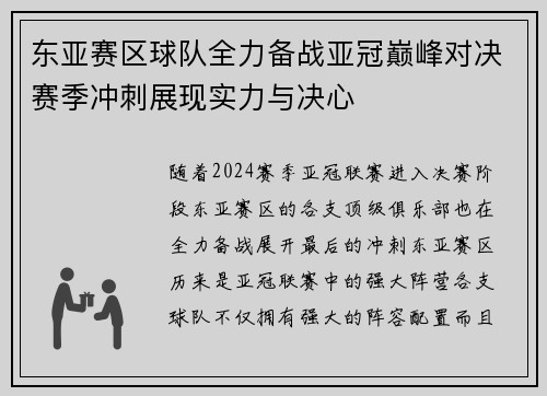 东亚赛区球队全力备战亚冠巅峰对决赛季冲刺展现实力与决心