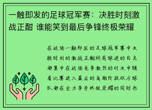 一触即发的足球冠军赛：决胜时刻激战正酣 谁能笑到最后争锋终极荣耀