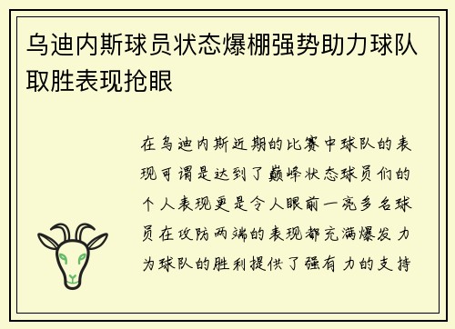 乌迪内斯球员状态爆棚强势助力球队取胜表现抢眼